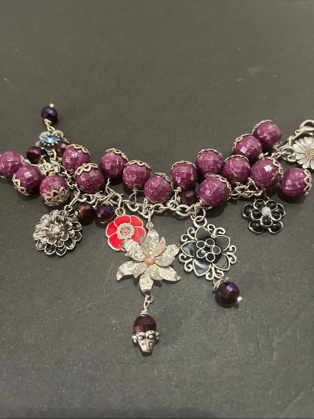 Purple Beaded Floral Charm Bracelet - Women Jewelry